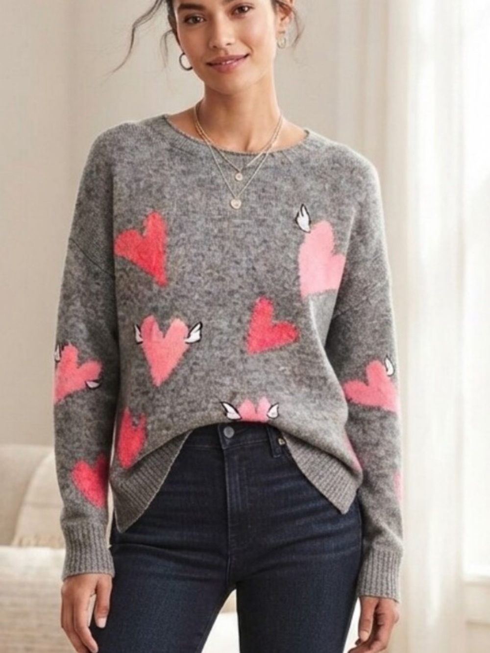 Lou & Grey Gray Crewneck Sweater with Pink Heart Motif